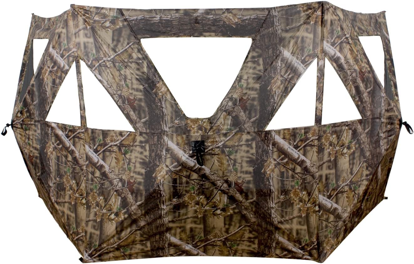 AUSCAMOTEK 3W See Through Pop Up Ground Blind Hub Style 3-Panels Blinds with Removable Orange Blaze Top for Deer Turkey Duck Hunting Natural Blind Brown