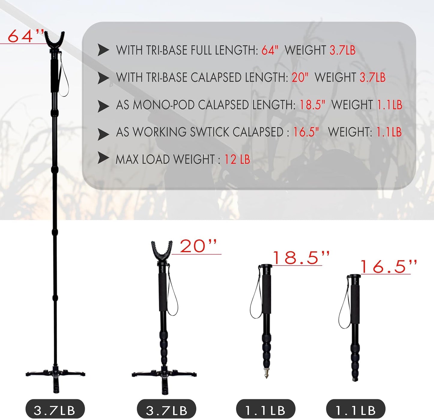 AUSCAMOTEK Rifle Shooting Stick with Tri-Stand Base Aluminum Shotgun Monopod Resting Callapable with Removable Stock Yoke