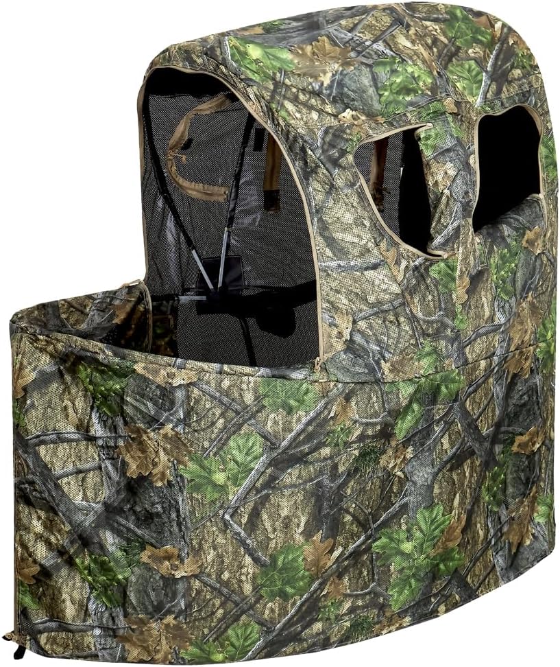 AUSCAMOTEK See-Through Hunting Ground Blind with Built-in Chair for Deer Hunting - 1 Person Pop-Up Camouflage Tent