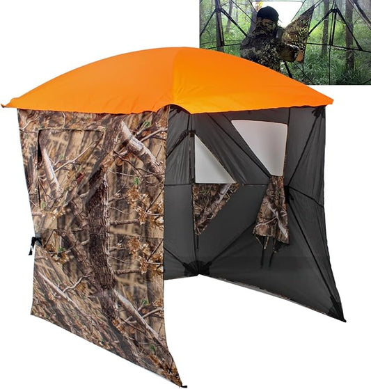 AUSCAMOTEK 3W See Through Pop Up Ground Blind Hub Style 3-Panels Blinds with Removable Orange Blaze Top for Deer Turkey Duck Hunting Natural Blind Brown