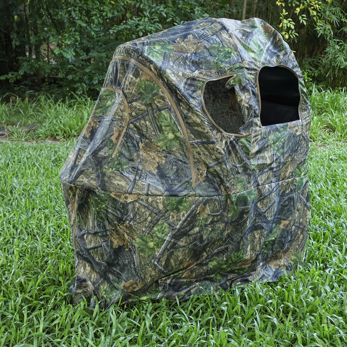 AUSCAMOTEK See-Through Hunting Ground Blind with Built-in Chair for Deer Hunting - 1 Person Pop-Up Camouflage Tent