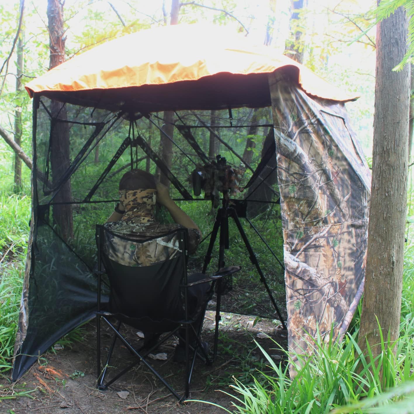 AUSCAMOTEK 3W See Through Pop Up Ground Blind Hub Style 3-Panels Blinds with Removable Orange Blaze Top for Deer Turkey Duck Hunting Natural Blind Brown