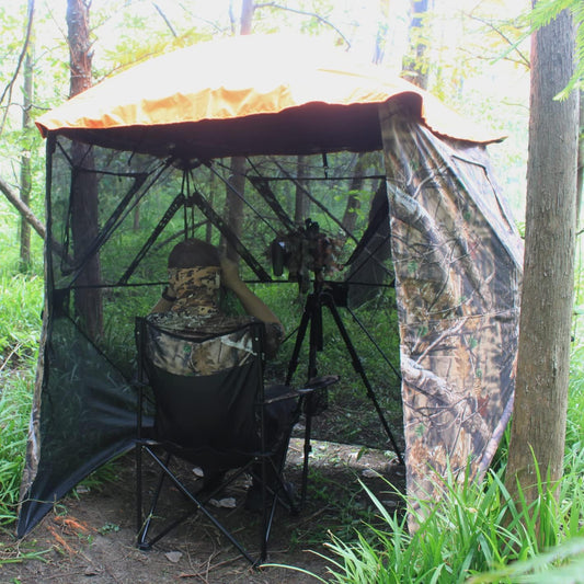 AUSCAMOTEK 3W See Through Pop Up Ground Blind Hub Style 3-Panels Blinds with Removable Orange Blaze Top for Deer Turkey Duck Hunting Natural Blind Brown