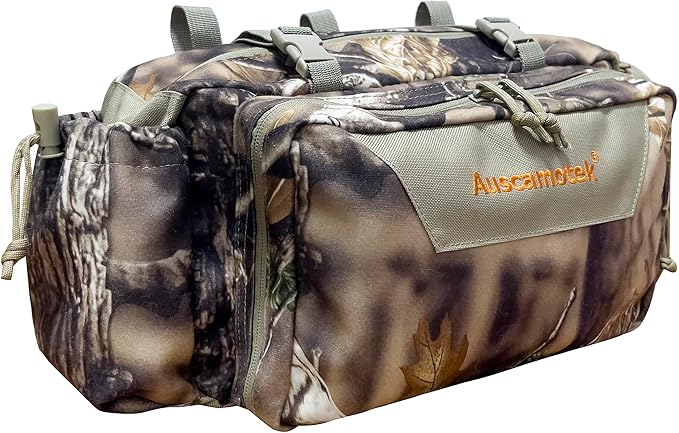 AUSCAMOTEK Camouflage Hanging Bag for Treestand Platform Saddle Hunting – Camo Fanny Pack for Hunting Accessories and Storage with Expandable Compartments and Water Holder