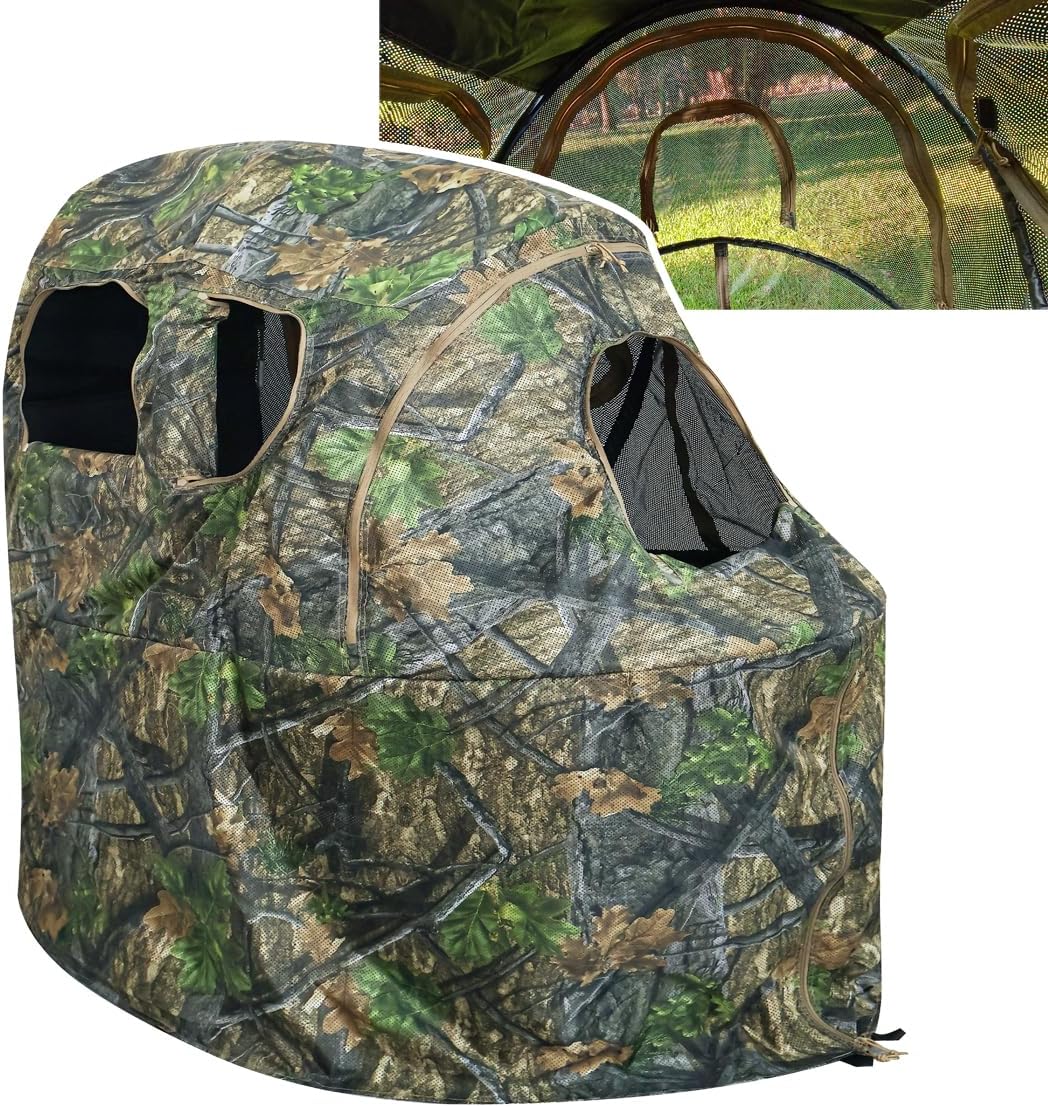 AUSCAMOTEK See-Through Hunting Ground Blind with Built-in Chair for Deer Hunting - 1 Person Pop-Up Camouflage Tent