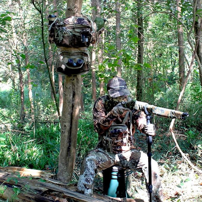 AUSCAMOTEK Camouflage Hanging Bag for Treestand Platform Saddle Hunting – Camo Fanny Pack for Hunting Accessories and Storage with Expandable Compartments and Water Holder