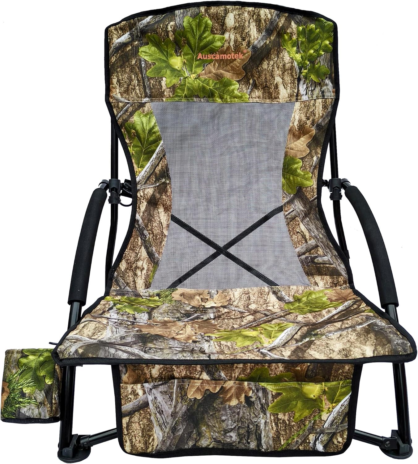 AUSCAMOTEK Low Profile Hunting Chair, Portable Folding Camo Ground Blind Chair with Shoulder Strap, Cup Holder, Mesh Backrest, Carry Bag & Storage Pouch, Ideal for Turkey Hunting & Outdoors
