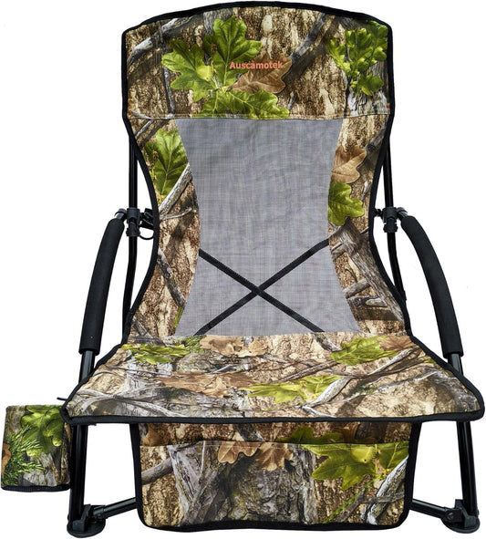 AUSCAMOTEK Low Profile Hunting Chair, Portable Folding Camo Ground Blind Chair with Shoulder Strap, Cup Holder, Mesh Backrest, Carry Bag & Storage Pouch, Ideal for Turkey Hunting & Outdoors