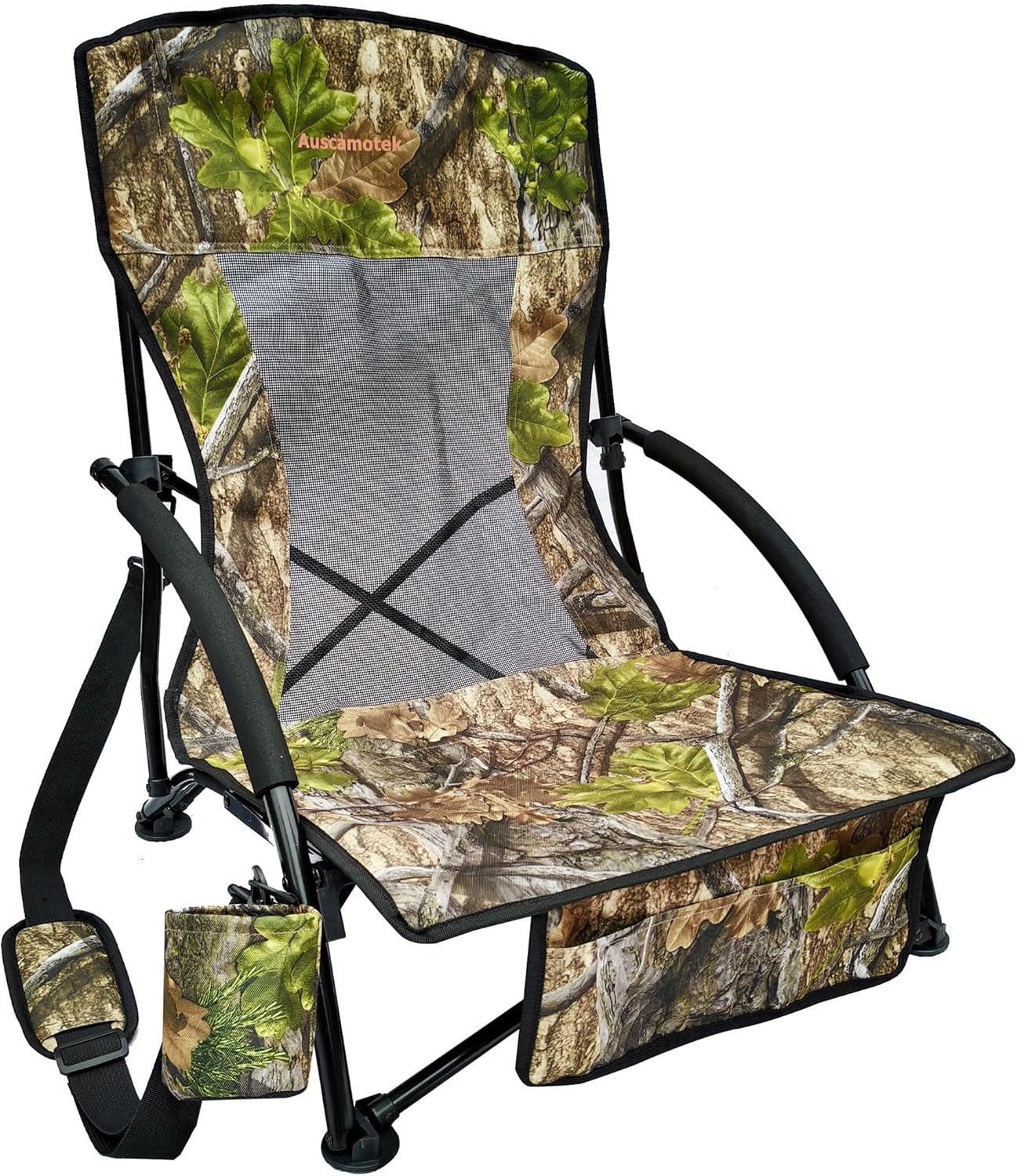 AUSCAMOTEK Low Profile Hunting Chair, Portable Folding Camo Ground Blind Chair with Shoulder Strap, Cup Holder, Mesh Backrest, Carry Bag & Storage Pouch, Ideal for Turkey Hunting & Outdoors