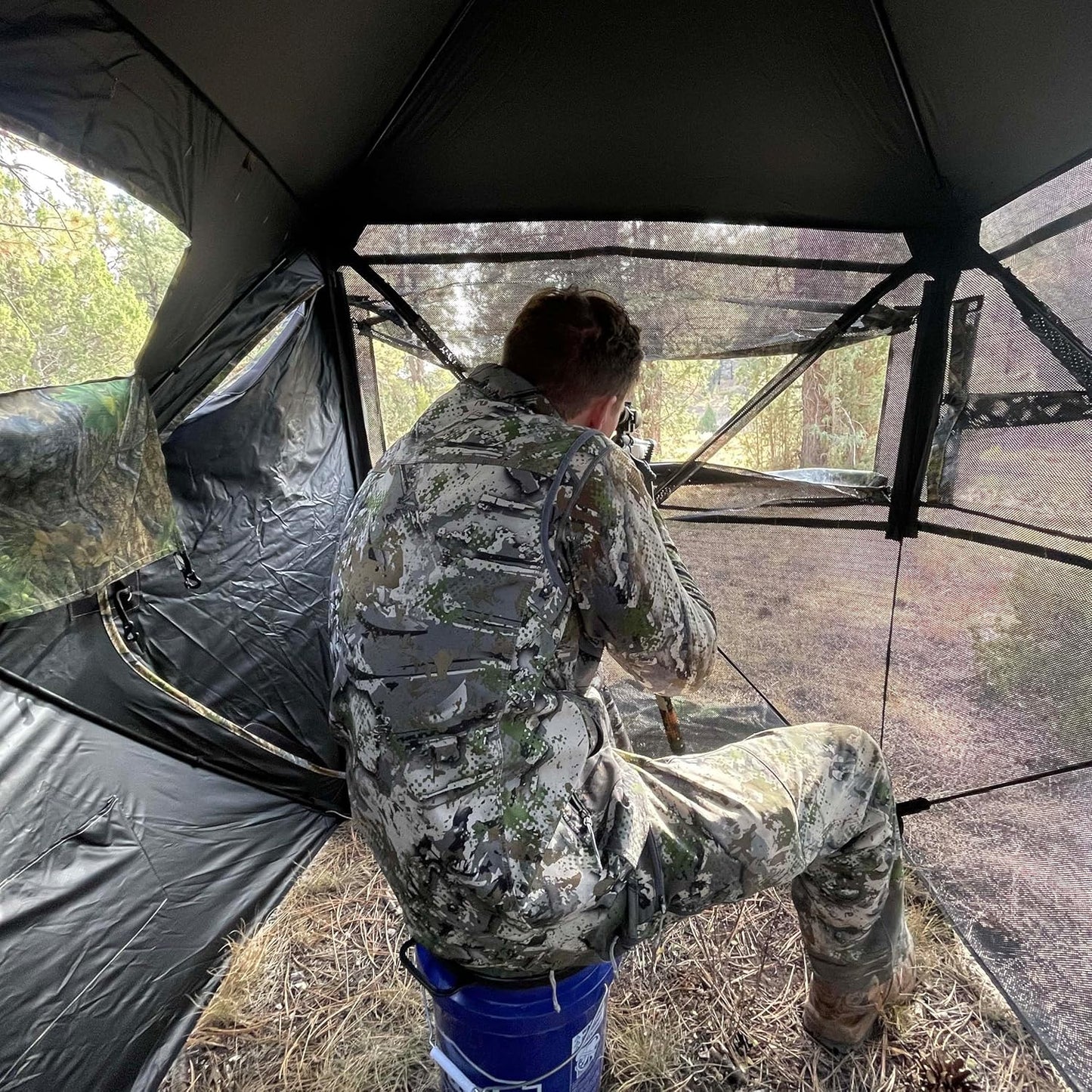 AUSCAMOTEK See Through Ground Blind for Deer Hunting, 2-3 Person Pop-Up Camouflage Blind