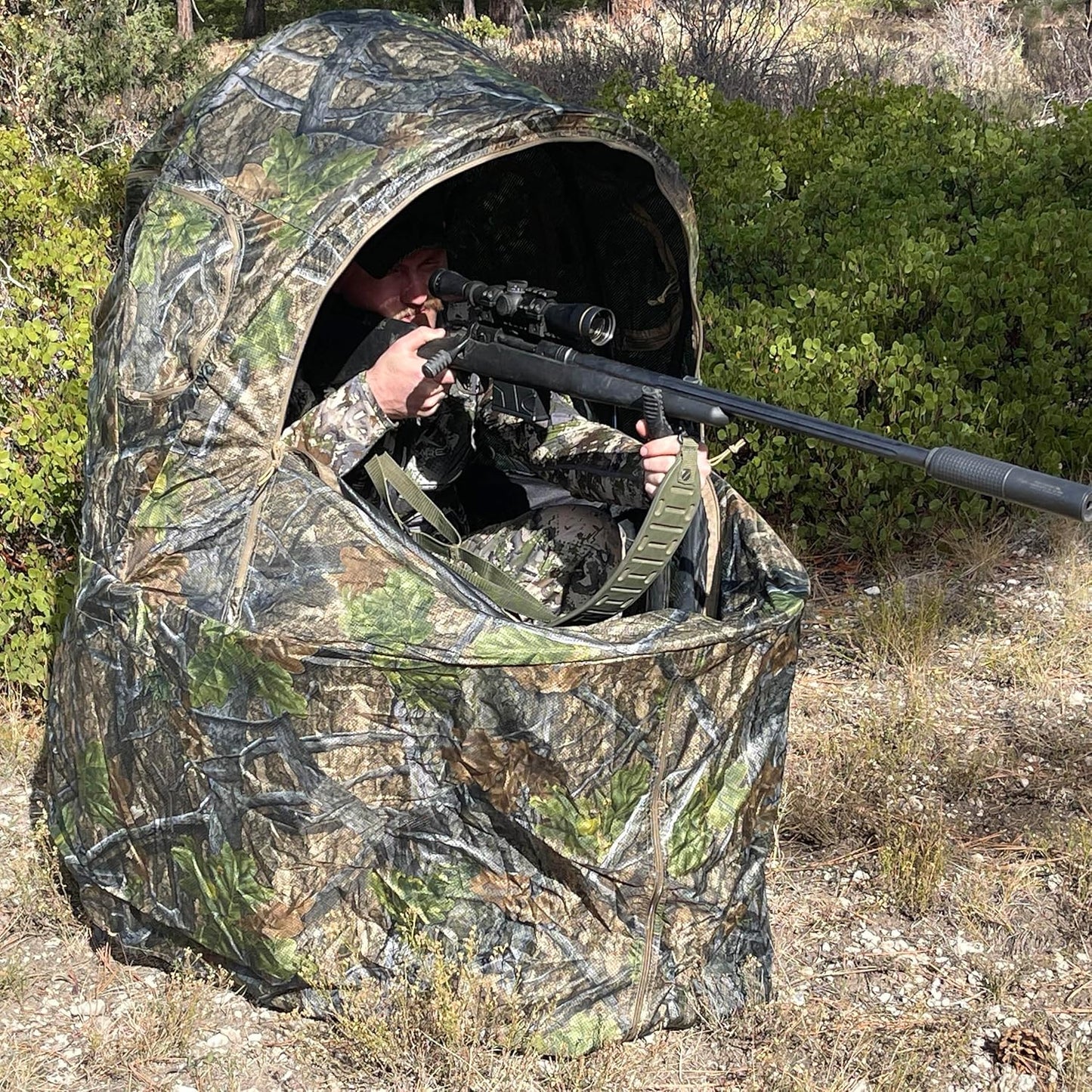 AUSCAMOTEK See-Through Hunting Ground Blind with Built-in Chair for Deer Hunting - 1 Person Pop-Up Camouflage Tent
