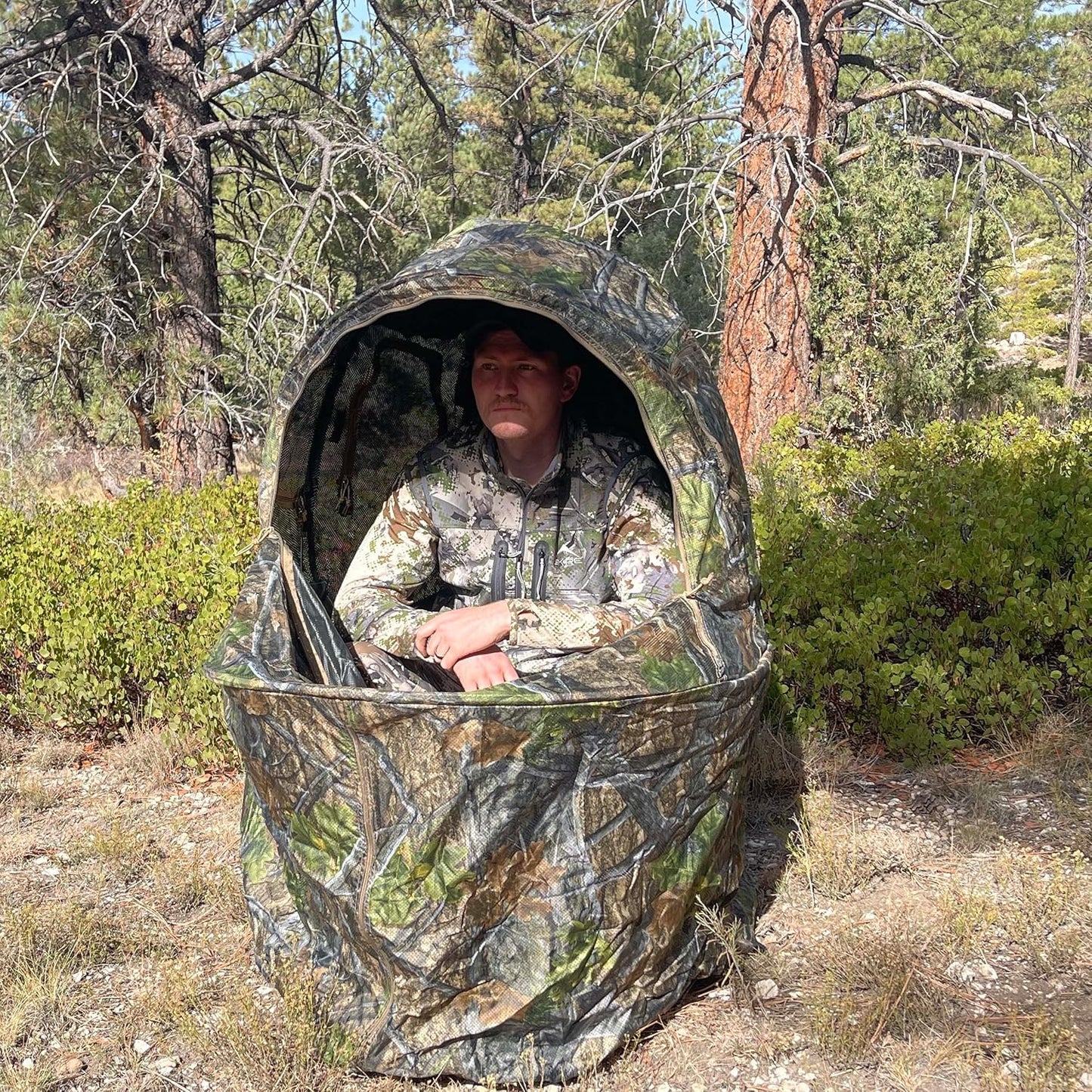 AUSCAMOTEK See-Through Hunting Ground Blind with Built-in Chair for Deer Hunting - 1 Person Pop-Up Camouflage Tent