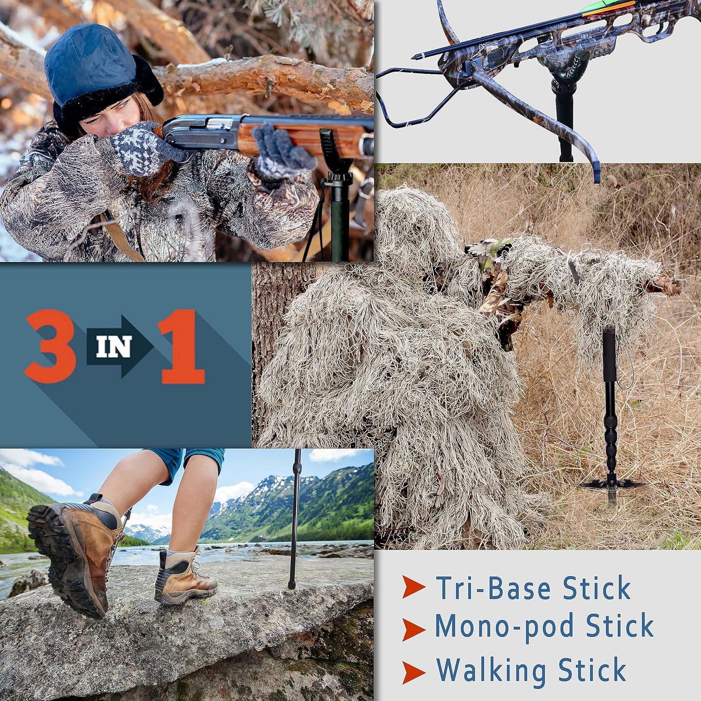 AUSCAMOTEK Rifle Shooting Stick with Tri-Stand Base Aluminum Shotgun Monopod Resting Callapable with Removable Stock Yoke