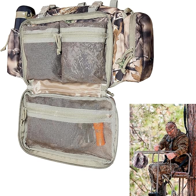 AUSCAMOTEK Camouflage Hanging Bag for Treestand Platform Saddle Hunting – Camo Fanny Pack for Hunting Accessories and Storage with Expandable Compartments and Water Holder