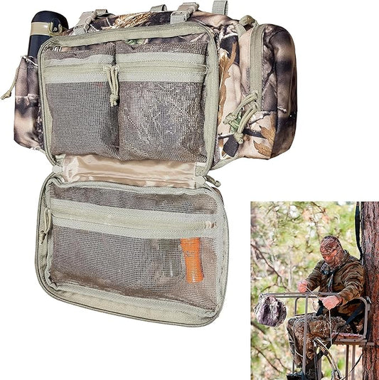 AUSCAMOTEK Camouflage Hanging Bag for Treestand Platform Saddle Hunting – Camo Fanny Pack for Hunting Accessories and Storage with Expandable Compartments and Water Holder