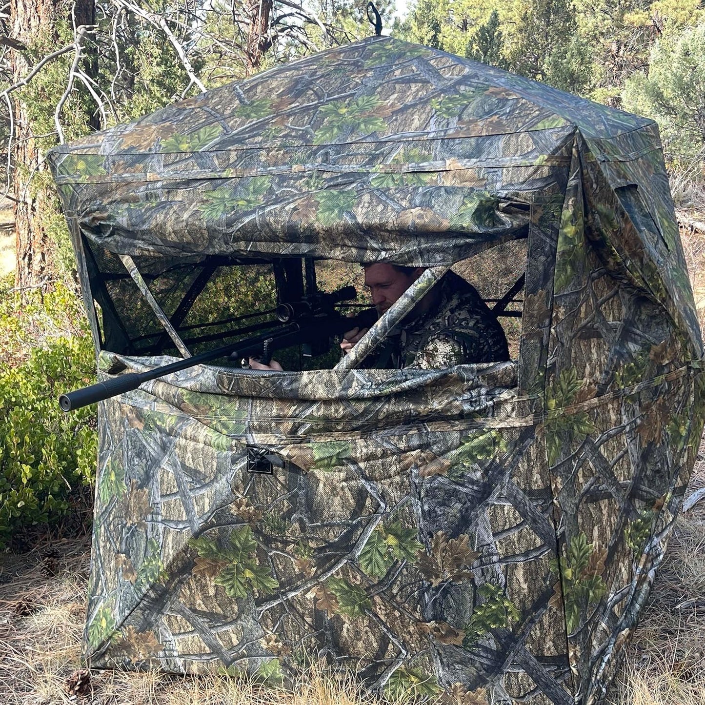 AUSCAMOTEK See Through Ground Blind for Deer Hunting, 2-3 Person Pop-Up Camouflage Blind