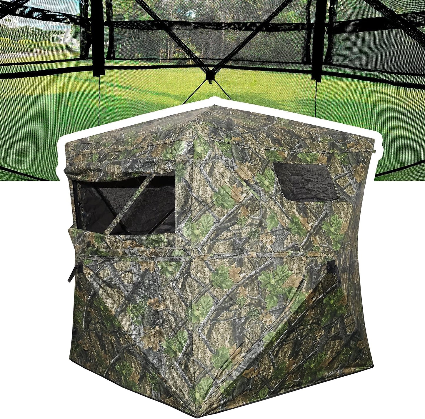 AUSCAMOTEK See Through Ground Blind for Deer Hunting, 2-3 Person Pop-Up Camouflage Blind