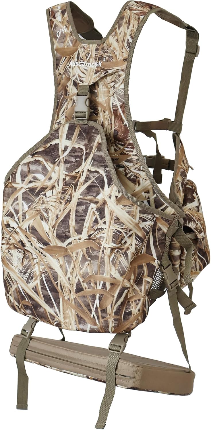 AUSCAMOTEK Camouflage Hunting Vest with Detachable Seat Cushion for Turkey Dove and Upland Bird Hunting Natural Wetland