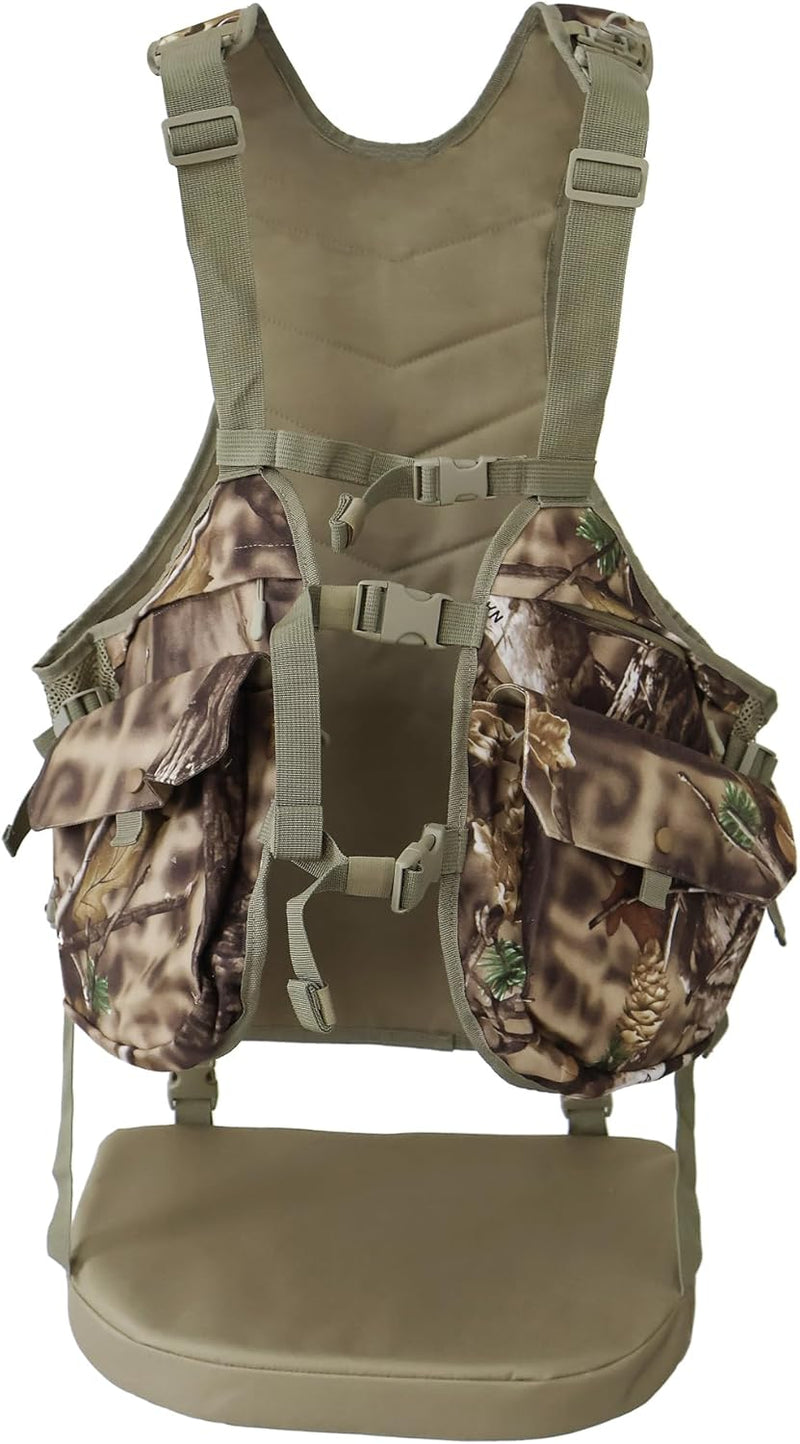 AUSCAMOTEK Camouflage Hunting Vest with Detachable Seat Cushion for Turkey Dove and Upland Bird Hunting Natural Blind Brown