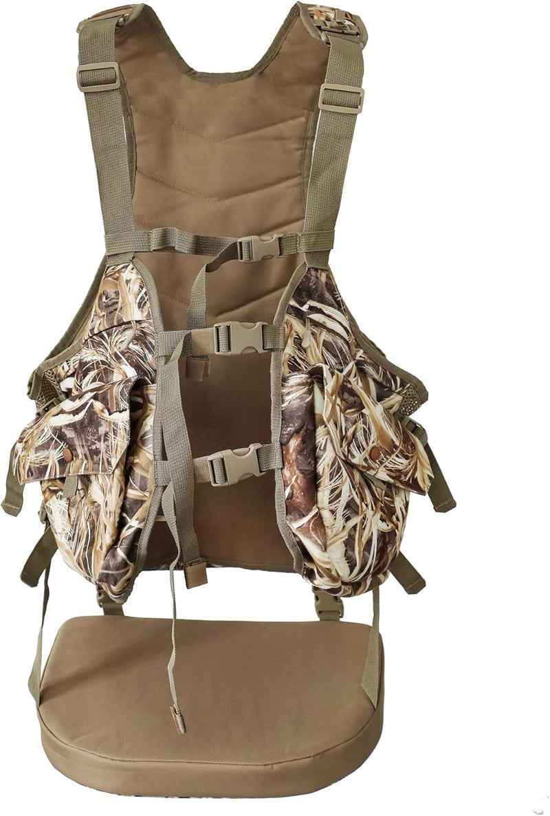 AUSCAMOTEK Camouflage Hunting Vest with Detachable Seat Cushion for Turkey Dove and Upland Bird Hunting Natural Wetland