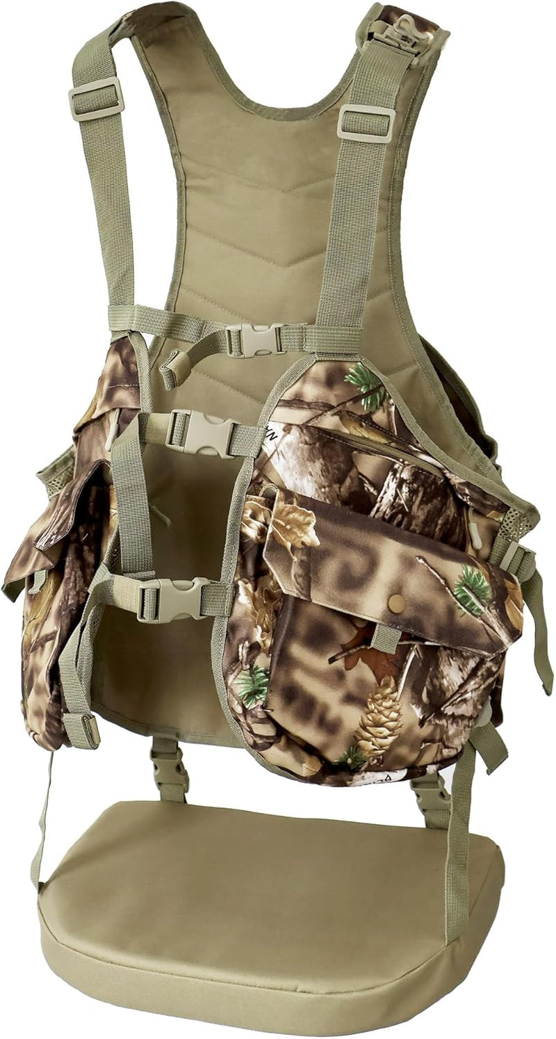 AUSCAMOTEK Camouflage Hunting Vest with Detachable Seat Cushion for Turkey Dove and Upland Bird Hunting Natural Blind Brown