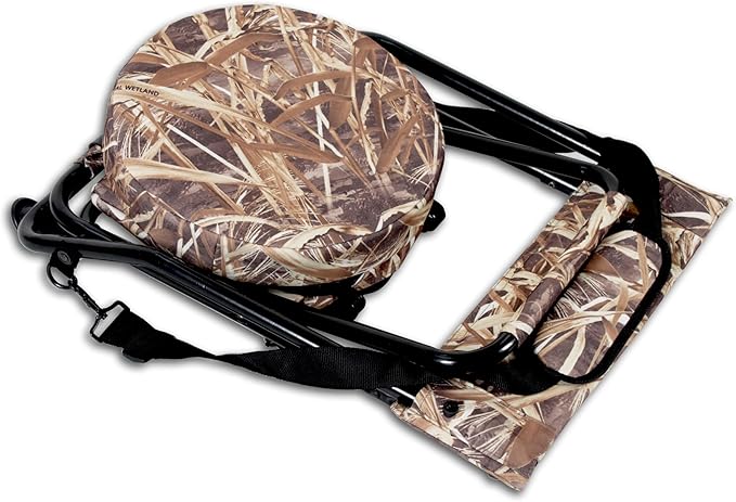 AUSCAMOTEK 360-Degree Swivel Hunting Chair with Thick Cushion and Zipper Pouch - Foldable and Portable Camo Chair for Outdoor Hunting-Wetland Camo