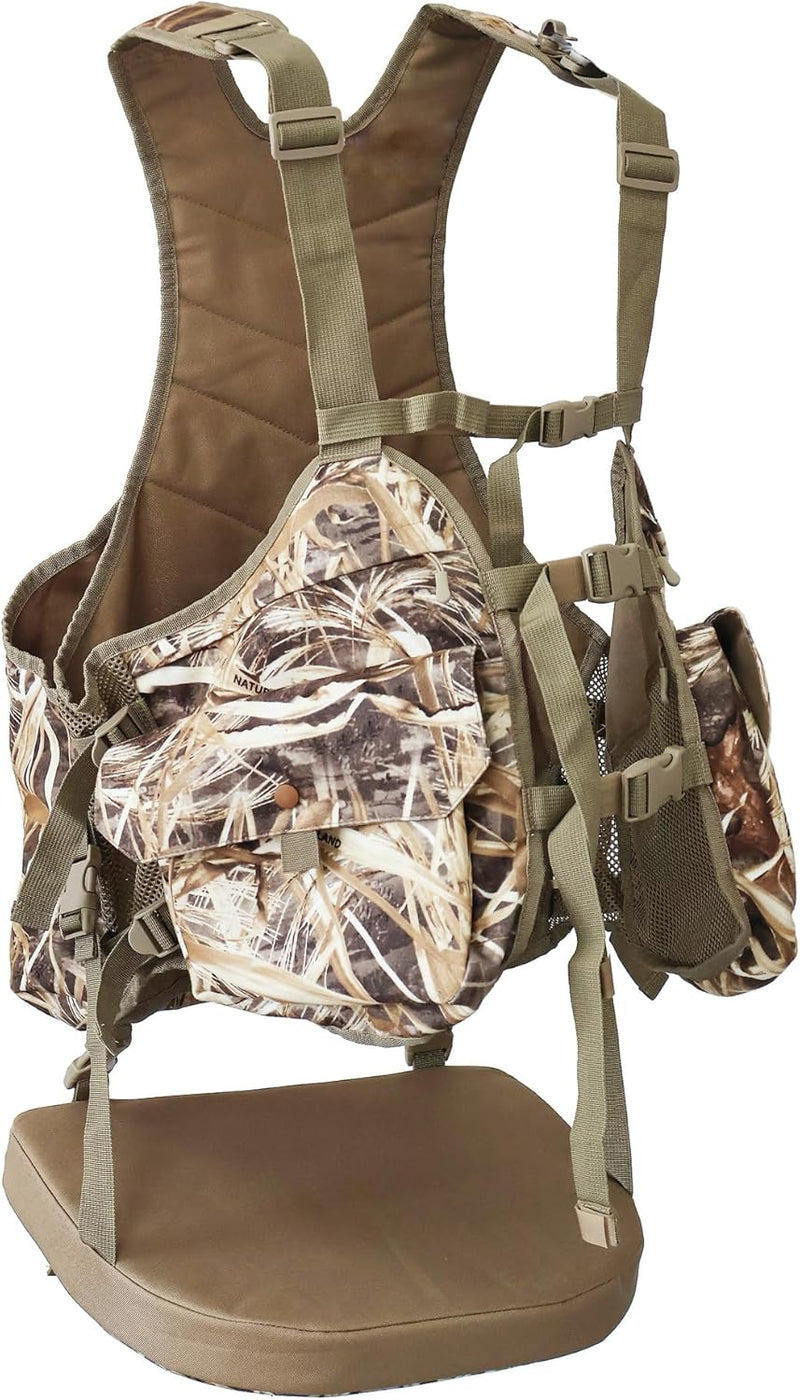 AUSCAMOTEK Camouflage Hunting Vest with Detachable Seat Cushion for Turkey Dove and Upland Bird Hunting Natural Wetland