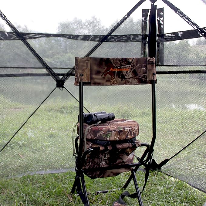 AUSCAMOTEK 360-Degree Swivel Hunting Chair with Thick Cushion - Foldable and Portable Camo Chair for Outdoor Hunting-Natural Blind Brown Camo